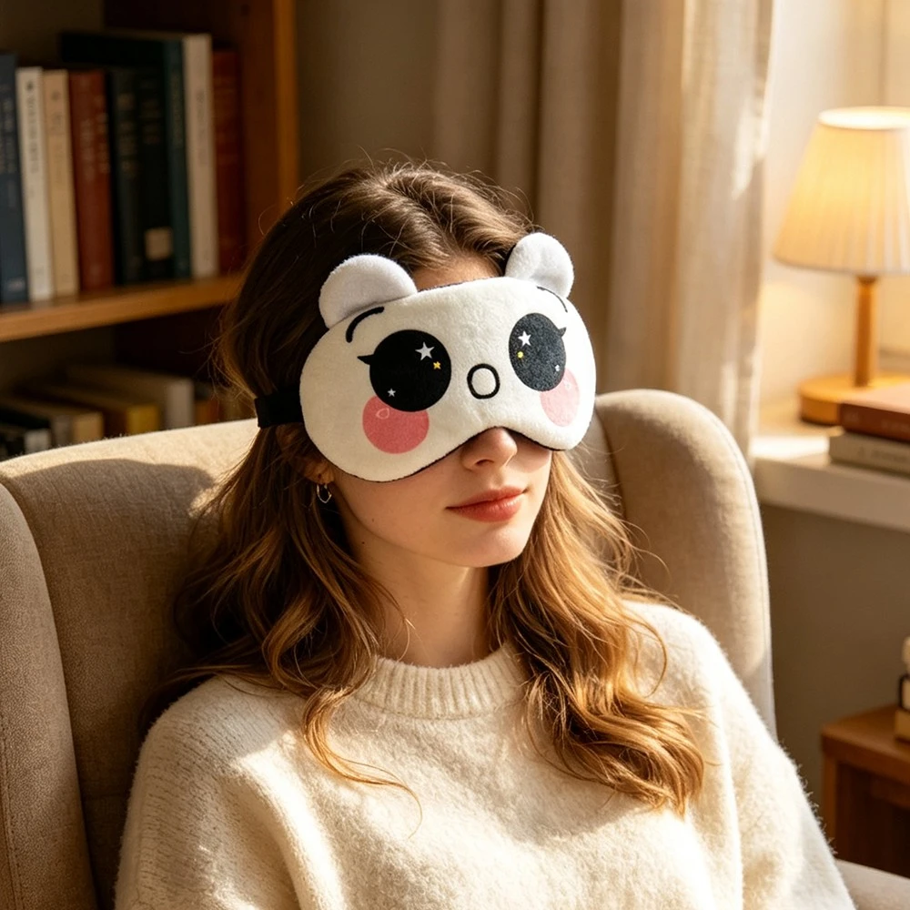 Adoring White Bear Plush Sleep Eye Mask Cute Cartoon Ear Light Blocking Soft Breathable Adjustable Funny Nap Cover