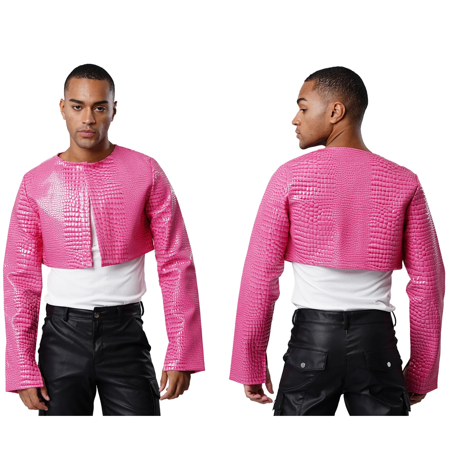 

Men Fashion Snakeskin Pink Jackets Coats Long Sleeve Mini Short Jacket Bolero Blazer for Party Club High Look Dating Outfits