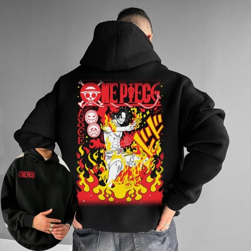 2025 OnePiece Burnt Fruit Ace impreso bolsillo suelto Otoño/Invierno Y2K alta calidad de felpa de gran tamaño sudaderas con capucha para hombres y mujeres