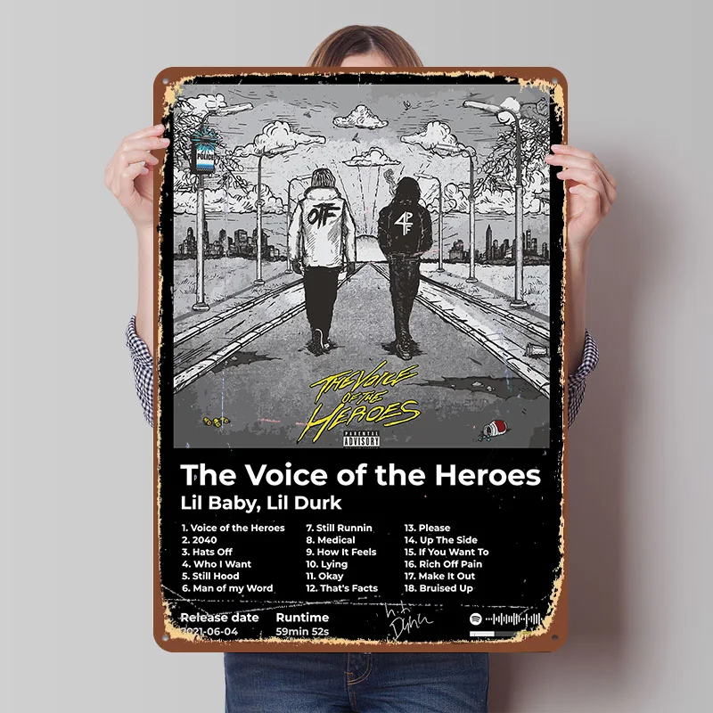 Lil Durk Lil Baby The Voice of the Heroes Tinplate Poster Customized Wall Art Vintage Metal Signs Retro Tin Plaque for Wand Deko