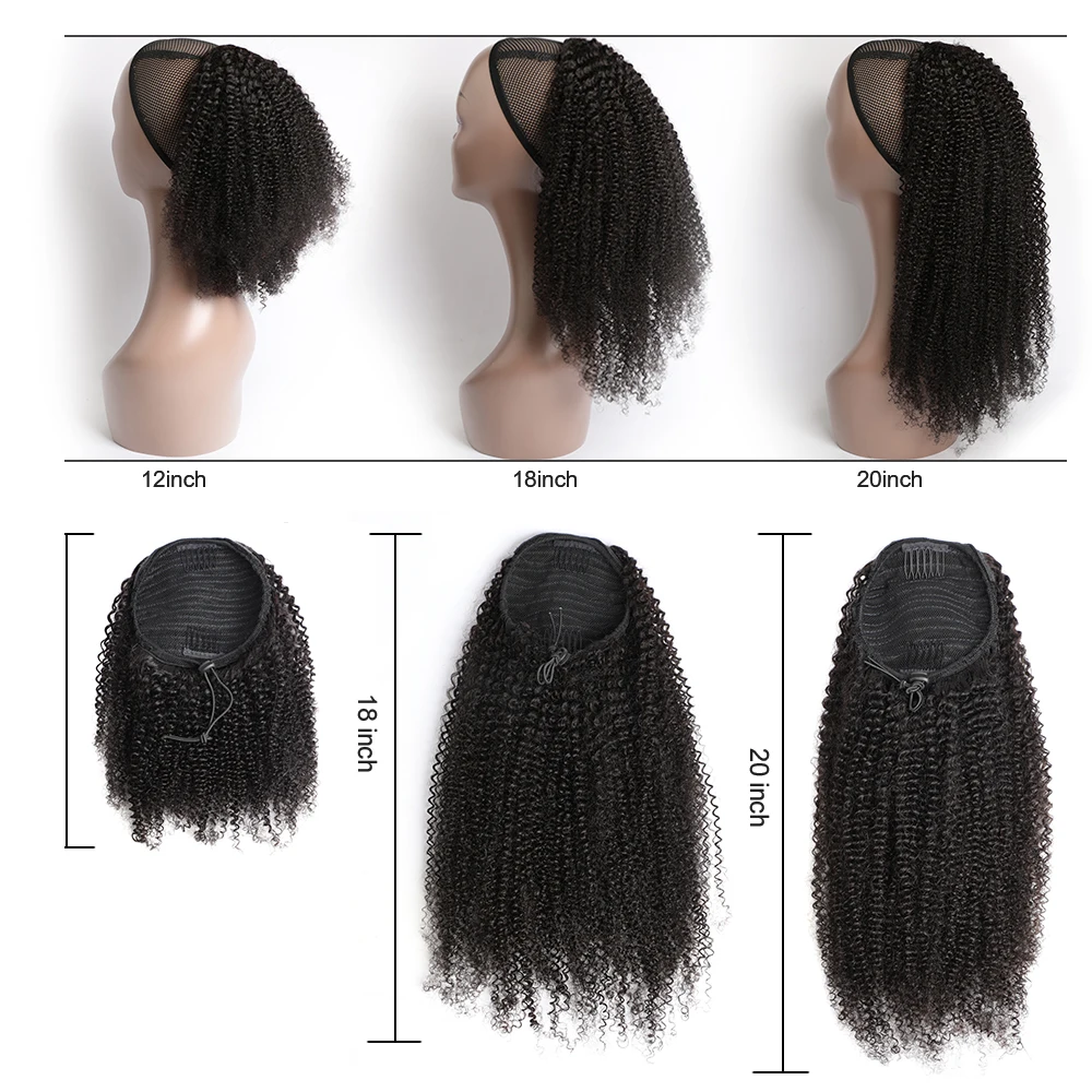 M voto Afro Kinky Curly Drawstring Ponytail Human Hair Extensions 3C 4A Wrap Around Ponytails 10-26 Inch Clip In Hair Extensions