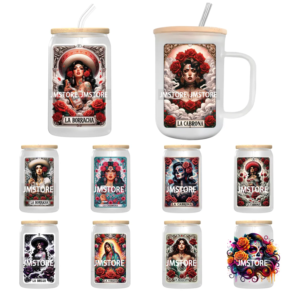 

La Mexicana Latina Tarot Card UV DTF Transfer Stickers Decals For Libbey Cold Cups Mugs Tumbler Waterproof Floral Sugar Skulls