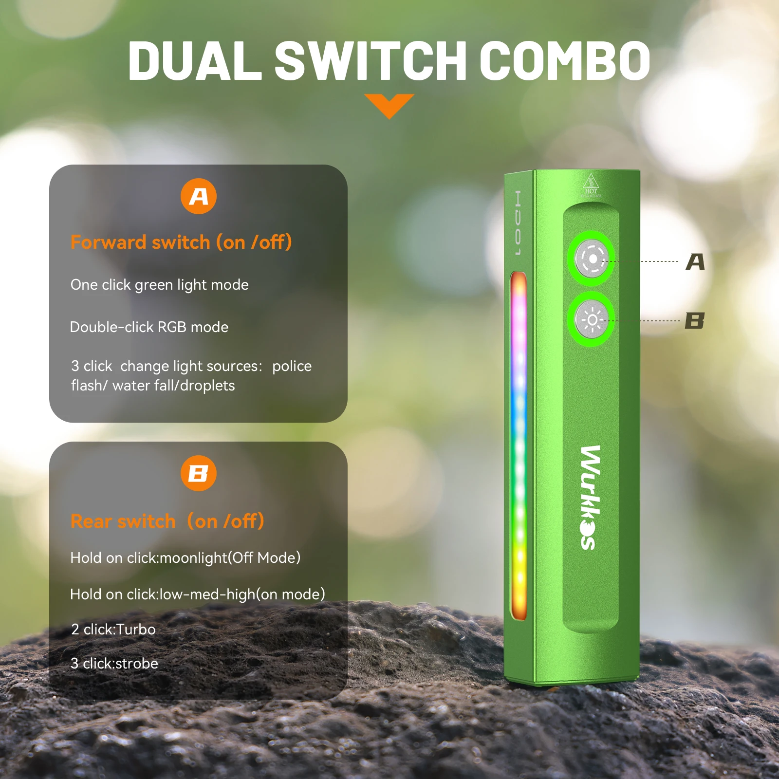 Wurkkos HD01 Pocket Size Rechargeable Magnetic Flashlight Durable CNC Anodized Aluminum RGB Side Light & Green Beam for Outdoors