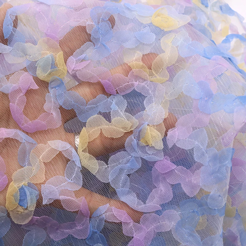 1-ヤードグラデーションシフォンリボン花刺繍メッシュ生地女性のウェディングドレス子供ドレスステージ衣装-diy-縫製
