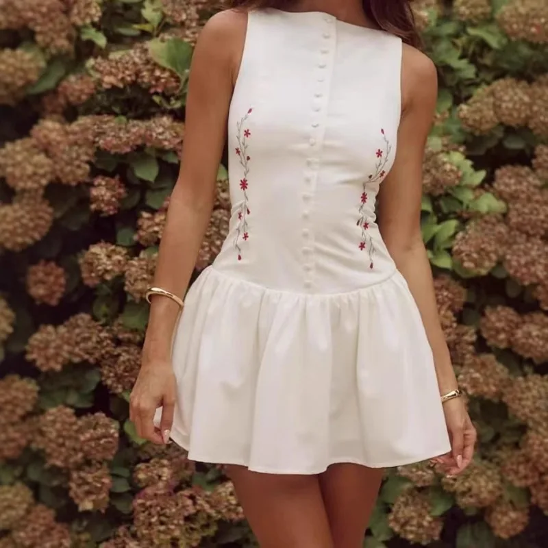

Elegant Flower Embroid Buttons Dress Sweet Sexy Tank Sleeveless Ruffles Slim Mini Dresses Holiday Party Summer French Women Chic