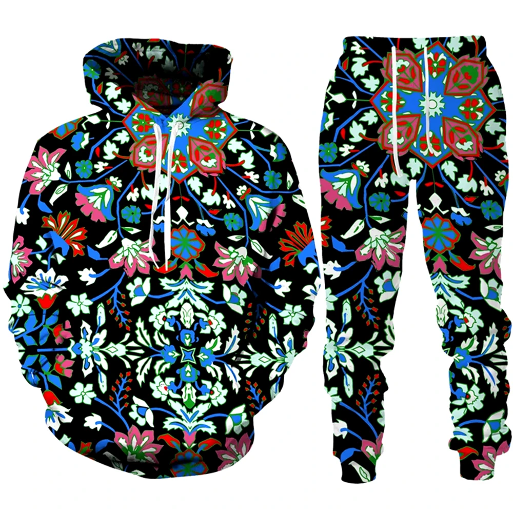 Colorful Cashew Flower Tracksuit Men Women 2 Piece Set Paisley 3D Print Hoodie & Pants Suit Fashion Couple Jogging Sportswear