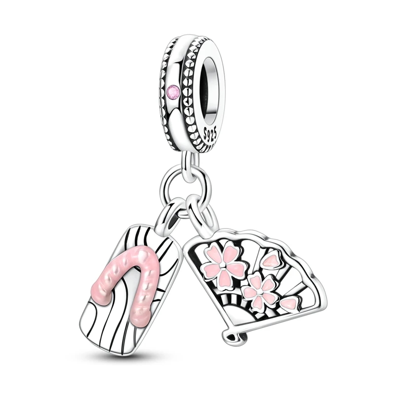 

925 Sterling Silver Charms Bead Japanese Wooden Clog and Fan Dangle Fit Original Bracelet Women Jewelry Gift