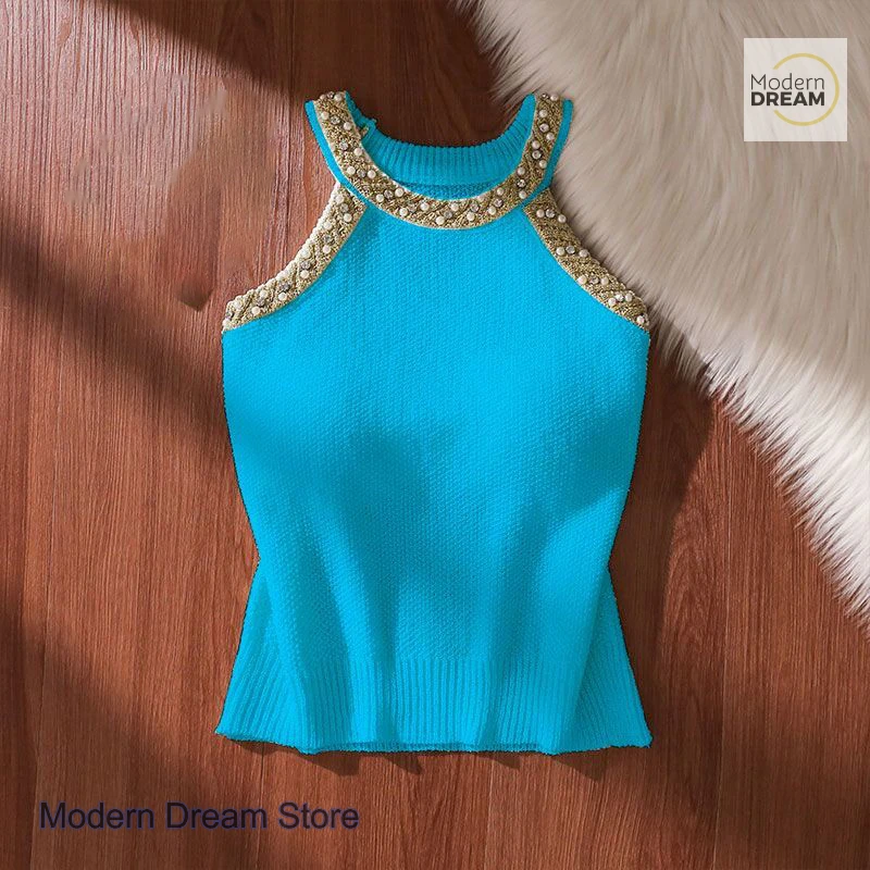 

French sexy beaded slim neck vest female summer wear fashion design sense niche spice girl sleeveless bottoming tube top