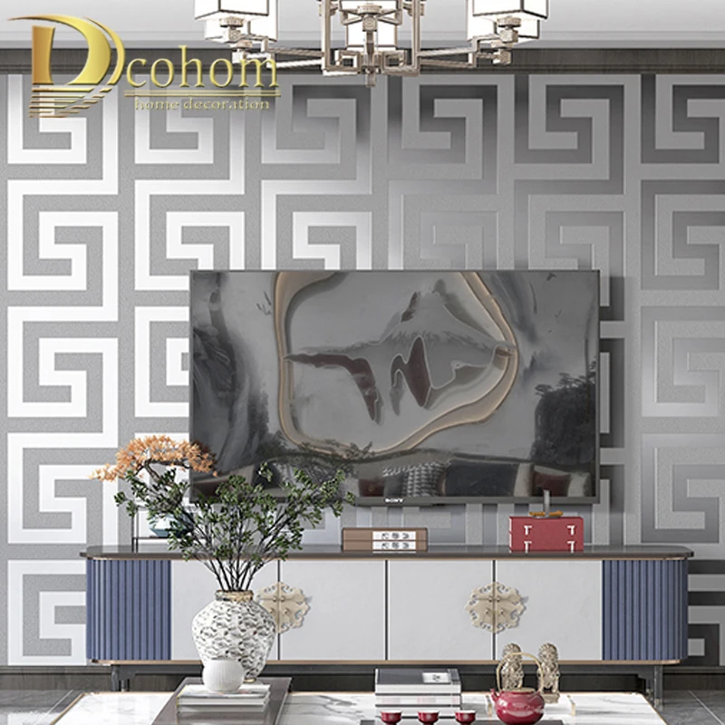 Greek Key Lattice Modern Geometric Texture Flocked 3D Wallpaper Hotel Study Living room TV Background Non woven Wall Paper Rolls