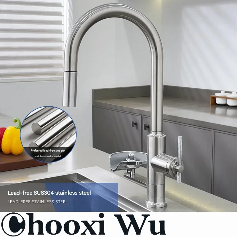 Kitchen Faucet with Cup Washer Multi Function Pull Out Stream Sprayer Kitchen Sink Faucets Deck Mounted Hot Cold Water Mixer Tap