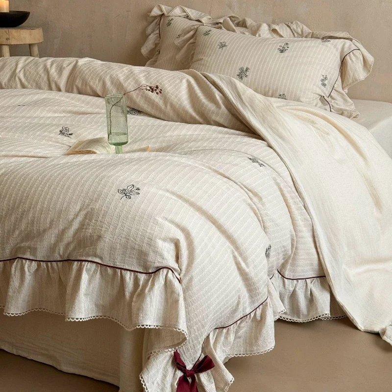 French Style Bedroom Vintage Cotton Linen Blend Jacquard Four Piece Color Woven Bow Duvet Cover Lace Bed Sheet Bedding