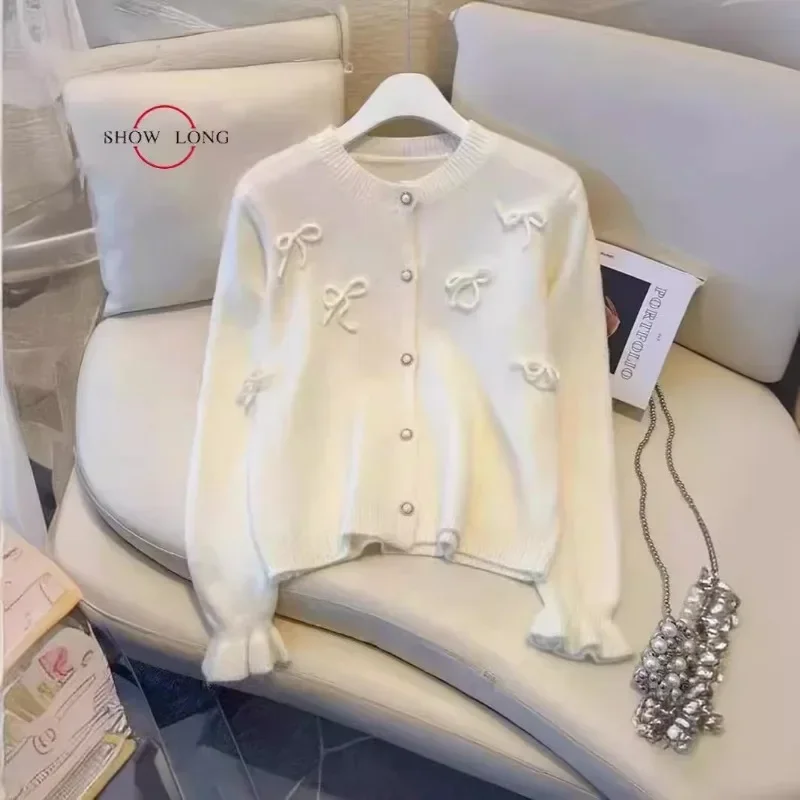 Neploe Sweet Bowknot O-Neck Knitted Cardigan Femme 2024 Autumn Winter Single Breasted Gentle Style Flared Sleeve Sweater Coats