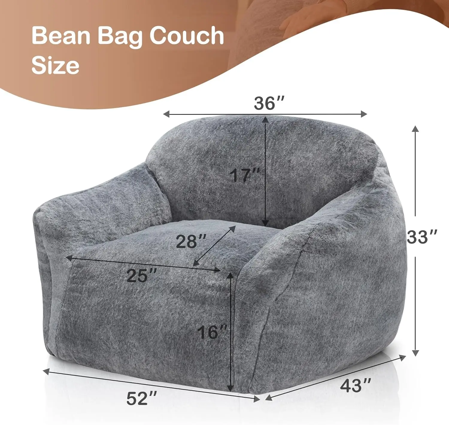 Homguava Giant Bean Bag Chair,Bean Bag Sofa Chair with Armrests, Bean Bag Couch Stuffed High-Density Foam, Plush Lazy Sofa Comfy