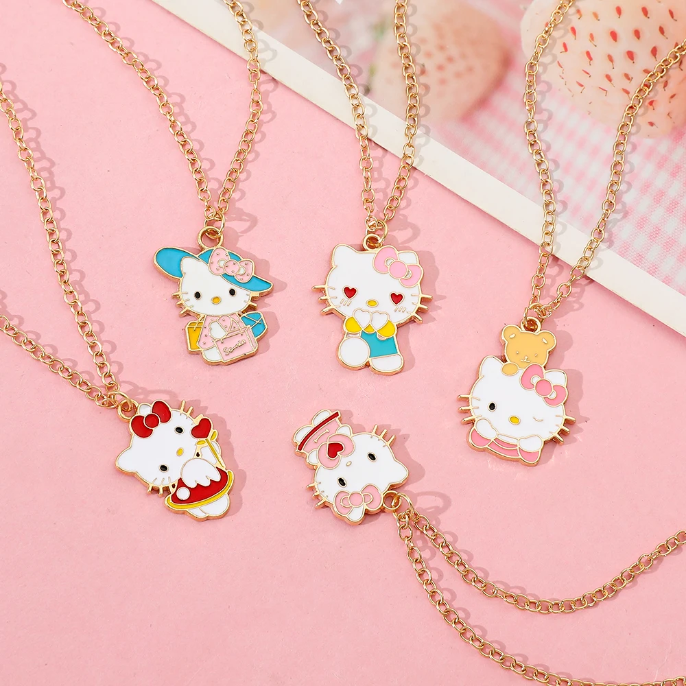 Sanrio Kawaii Anime Hello Kitty Alloy Necklace Cartoon KT Cat Pendant Girl Sexy Collar Chain As A Holiday Gift for Girlfriend