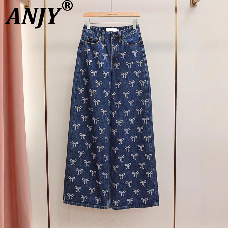 

ANJY Autumn Winter New Women Fashion French Style Bowknot Chic Ins Temperament Jeans Casual Versatile Tide Wide-Leg Pants A10637