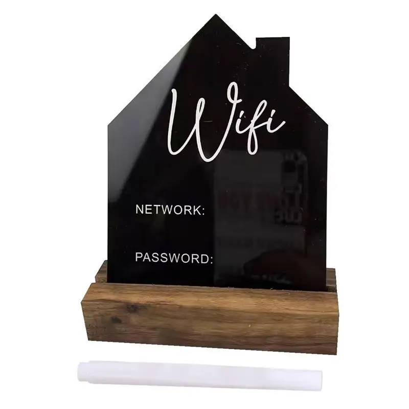 Acrylic WiFi Password Sign with Wooden Base and Erasable Pen Creative House Shape Handwrite Board Decoration for Cafe Offices