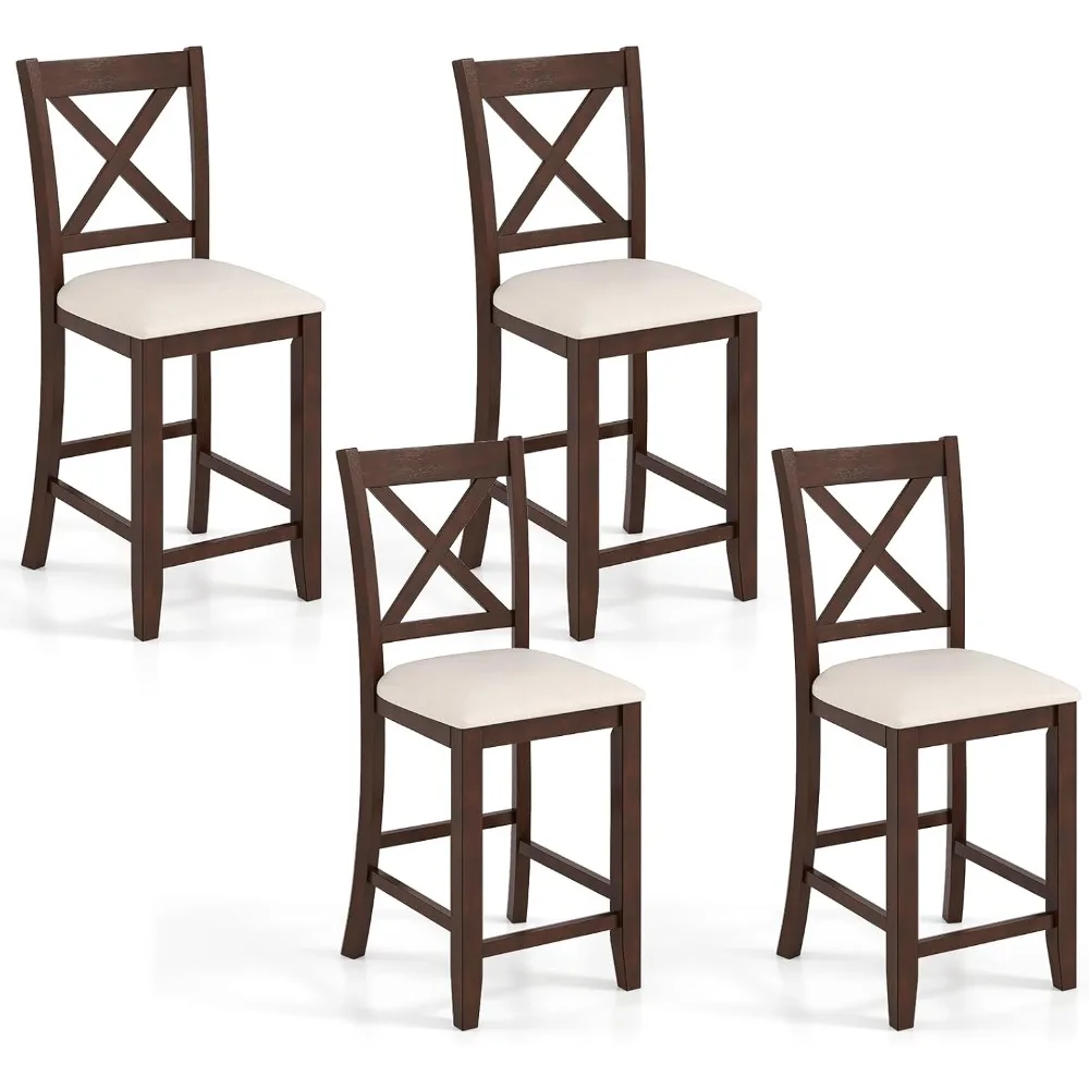 

Set of 4 stools, counter height stool with footstool, cross backrest, comfortable linen cushion, soft cushion