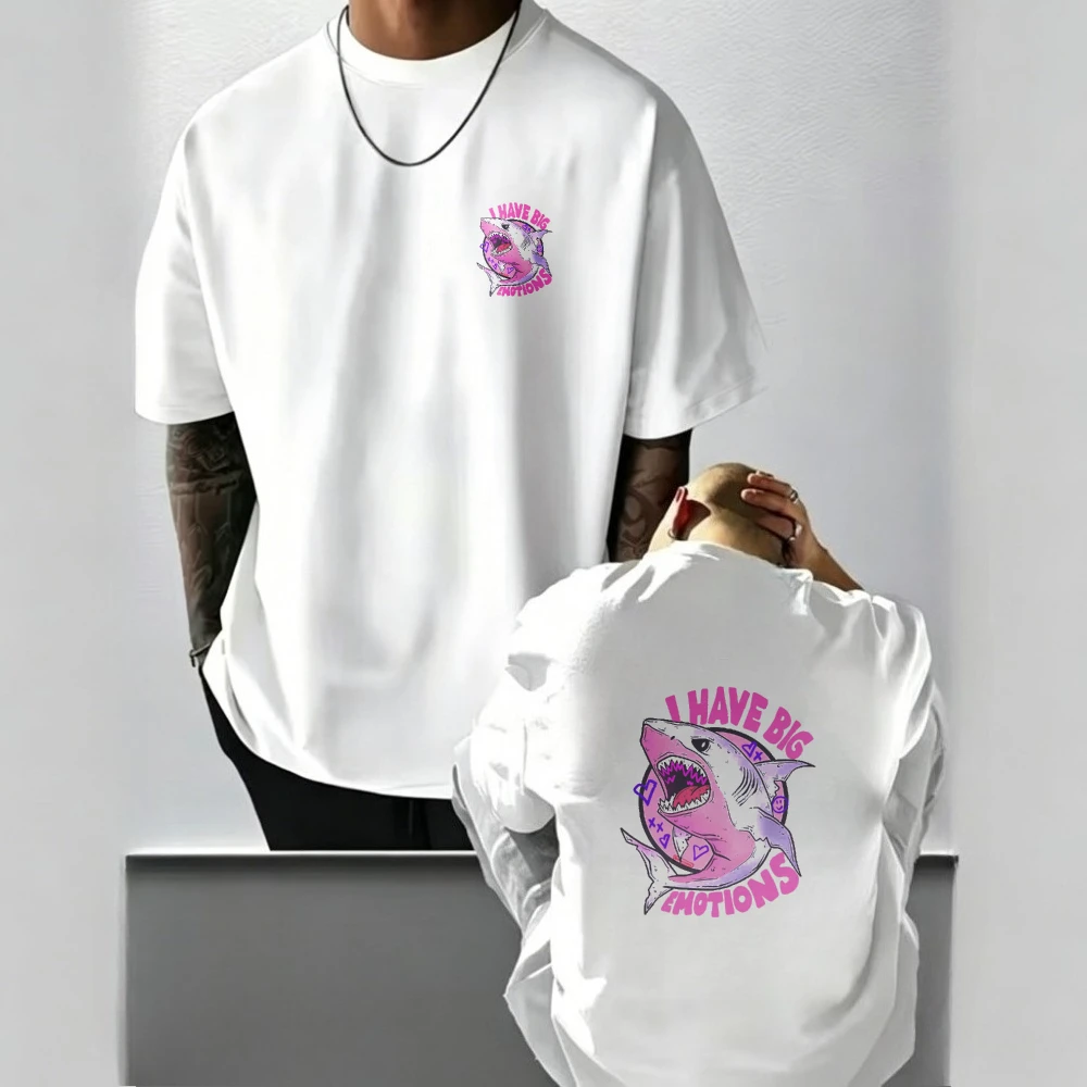 I Have Big Emotions Pink Shark Graphic T Shirt Men Front Back Double Print Funny Sarcastic Y2K Soft Cotton Streetwear
