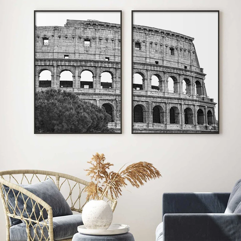 أبيض وأسود إيطاليا الكولوسيوم قماش اللوحة الملصقات روما القديمة نصب Colosseo الكلاسيكية جدار الفن صورة غرفة المعيشة ديكور