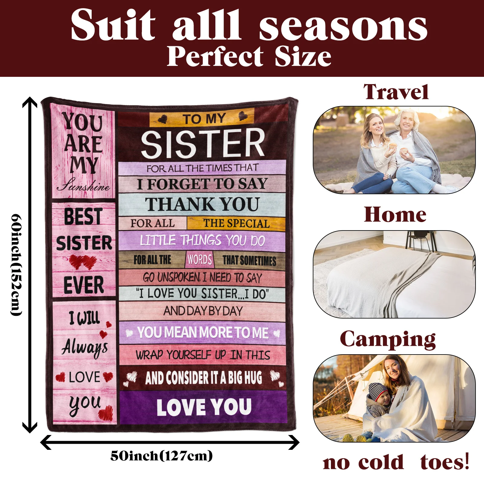 بطانية الأخت، قطعة واحدة من بطانية الرسم والشعار والشعار، من الفلانيل على الوجهين، هدايا الأخت الناعمة، هدايا عيد ميلاد الأخت.