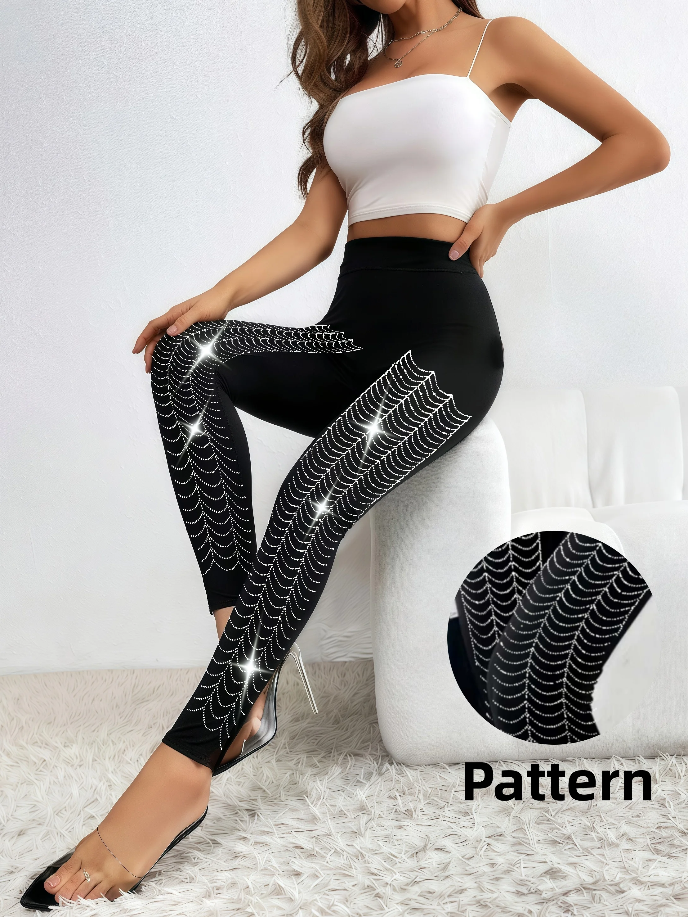 Women's Sparkly Spider Web Rhinestone Embellished Side Glitter Tight Leggings Sexy Club Party Pants