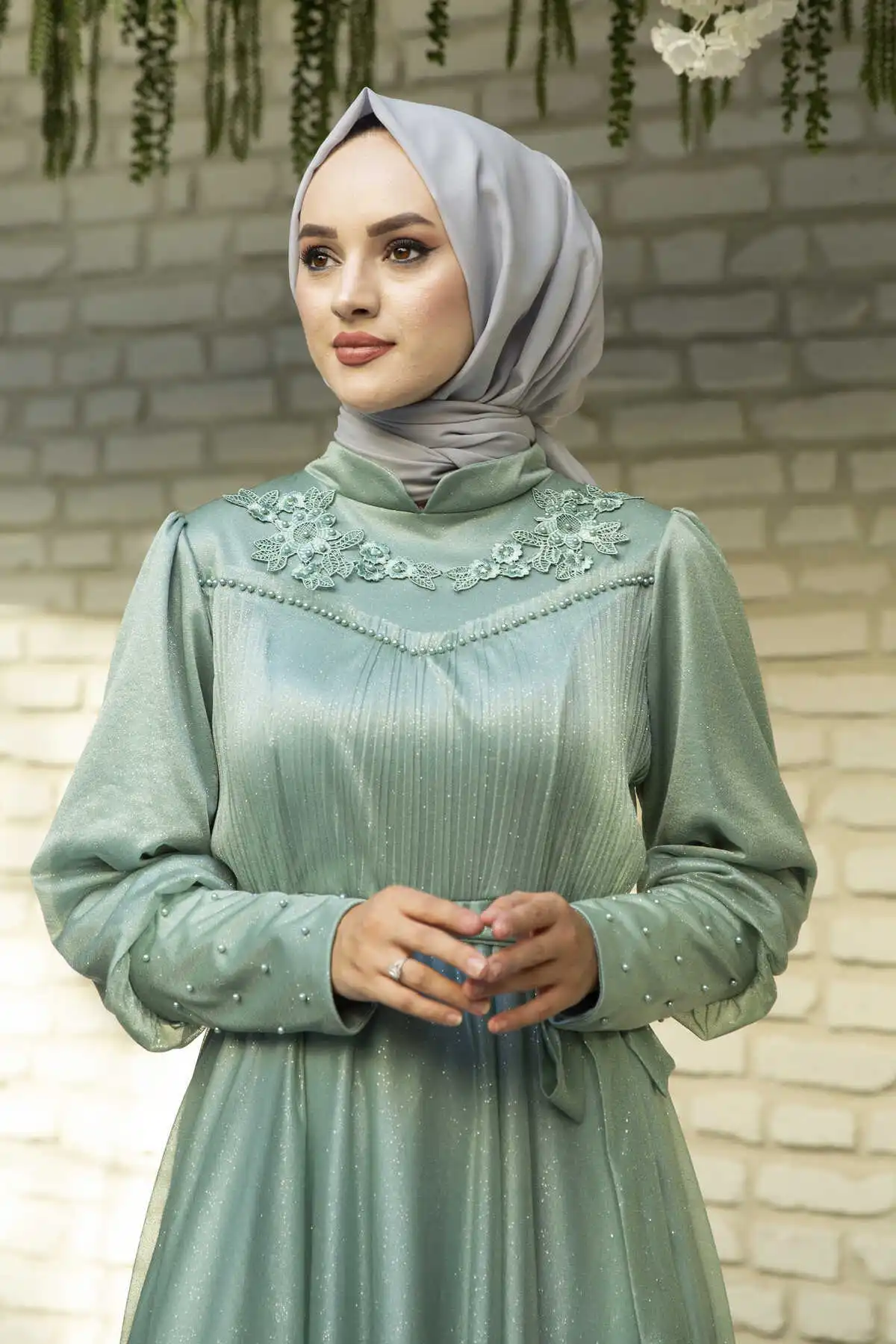 Filet lace Detaylı Silvery Chiffon Hijab Evening Dress Green