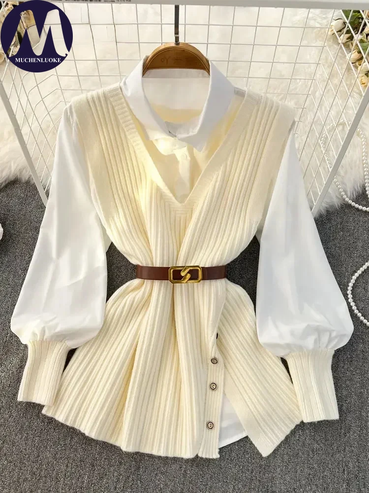 Long Sleeved Lapel Shirt and Blouse White Shirt Fashionable Tops V-Neck Belt Knitted Vest, Casual, Spring, Autumn New, 2 Pcs Set