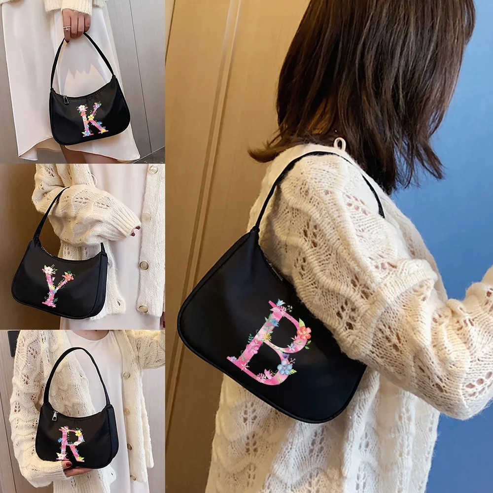 Handbag Armpit Shoulder Bag Clutch Pink Letter Pattern Print Series Casual Women Hobos Underarm Bags Purse Commuter Clutch