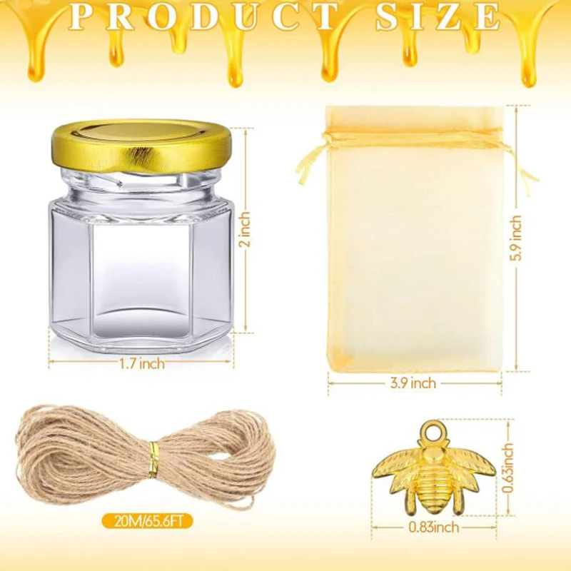 20Pack 1.5oz Hexagon Mini Glass Honey Jars with Wooden Dipper Gold Lids Gold Bee Pendants Jutes Perfect for Baby Showers Party