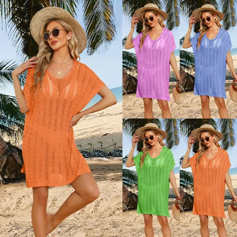 2024 Summer Women's New V-neck Solid Color Hollow Beach Skirt Foreign Trade Loose Large Size Cover Up SFC11-3