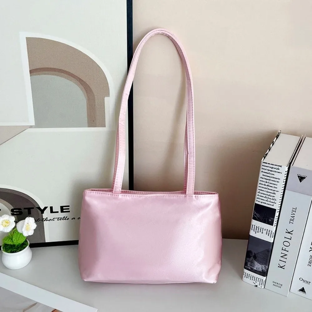 Chic Nylon Silk-like Shoulder Bag Square Shape Solid Color Underarm Bag Waterproof Macaron Tote Bag Daily Casual Use