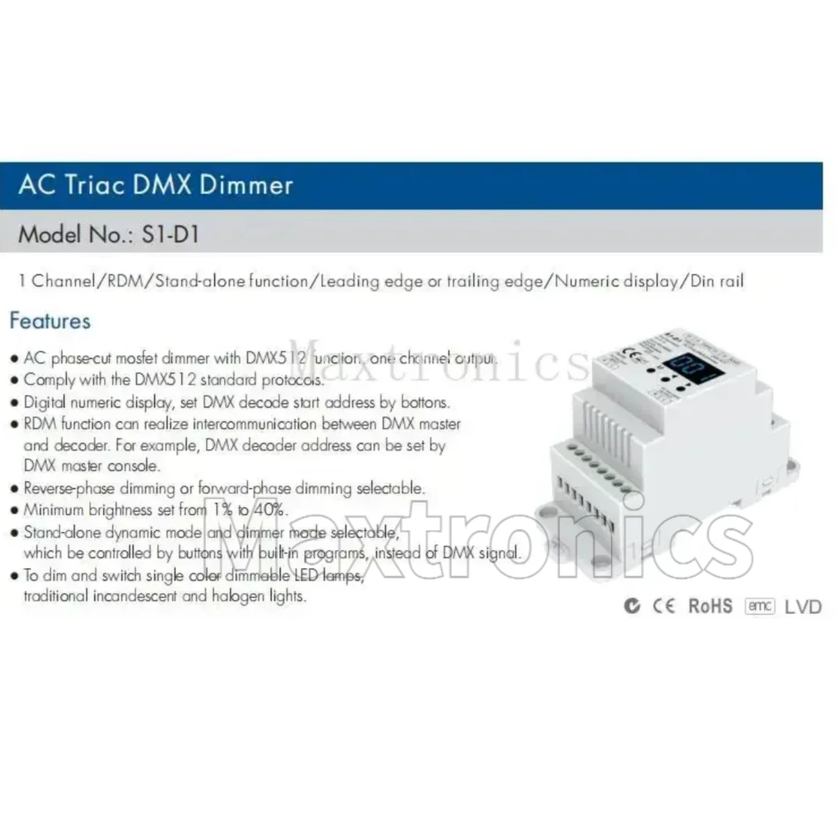 S1-D1 AC Phase-cut DMX Dimmer RDM DMX512 Controller AC 110V 220V / S1-DR DIN Rail 2CH AC Triac DMX Dimmer for Dimmable LED Light