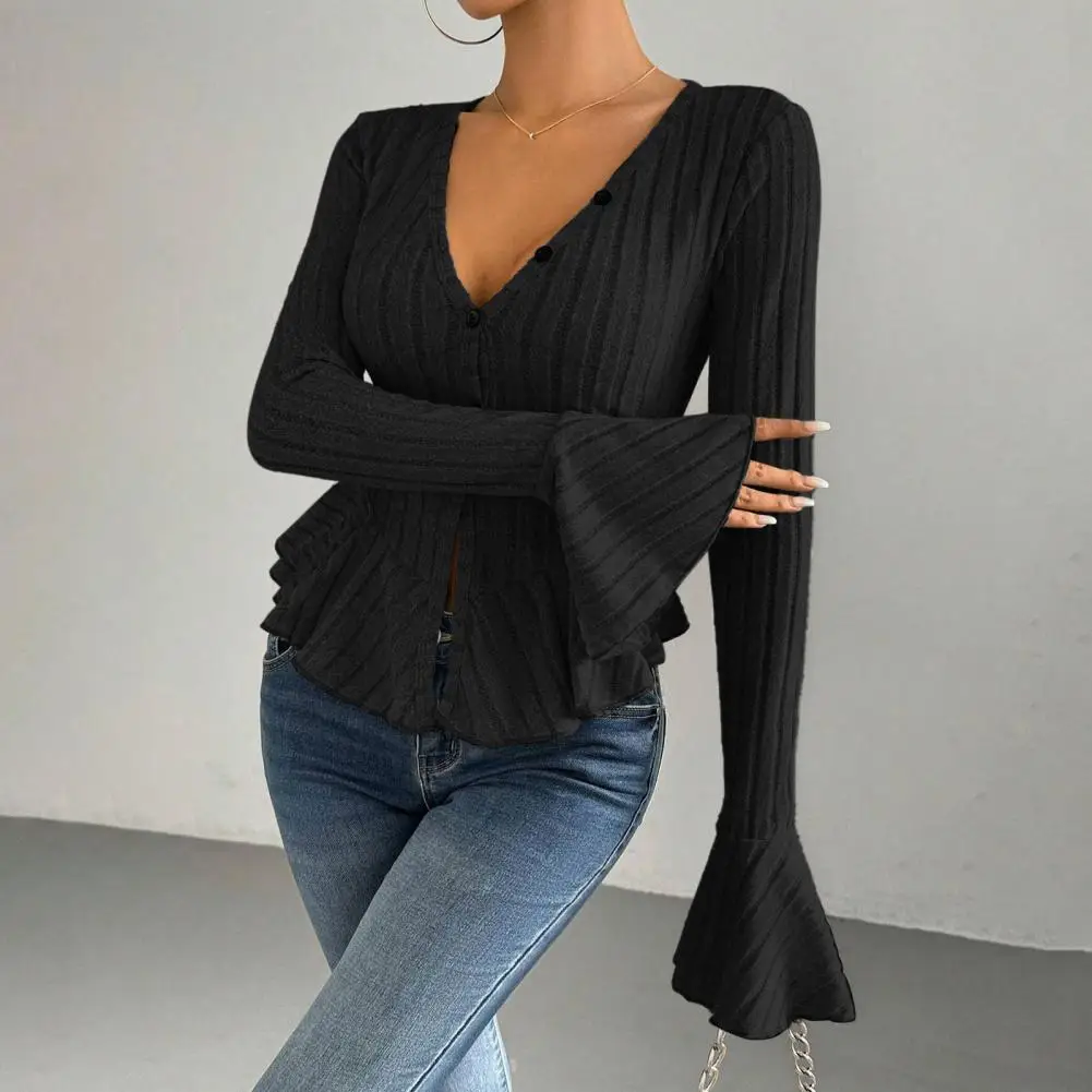 

Long Sleeve Knitted Pullover T-shirt Tops Flared Long Sleeve Top Autumn Women V Neck Button