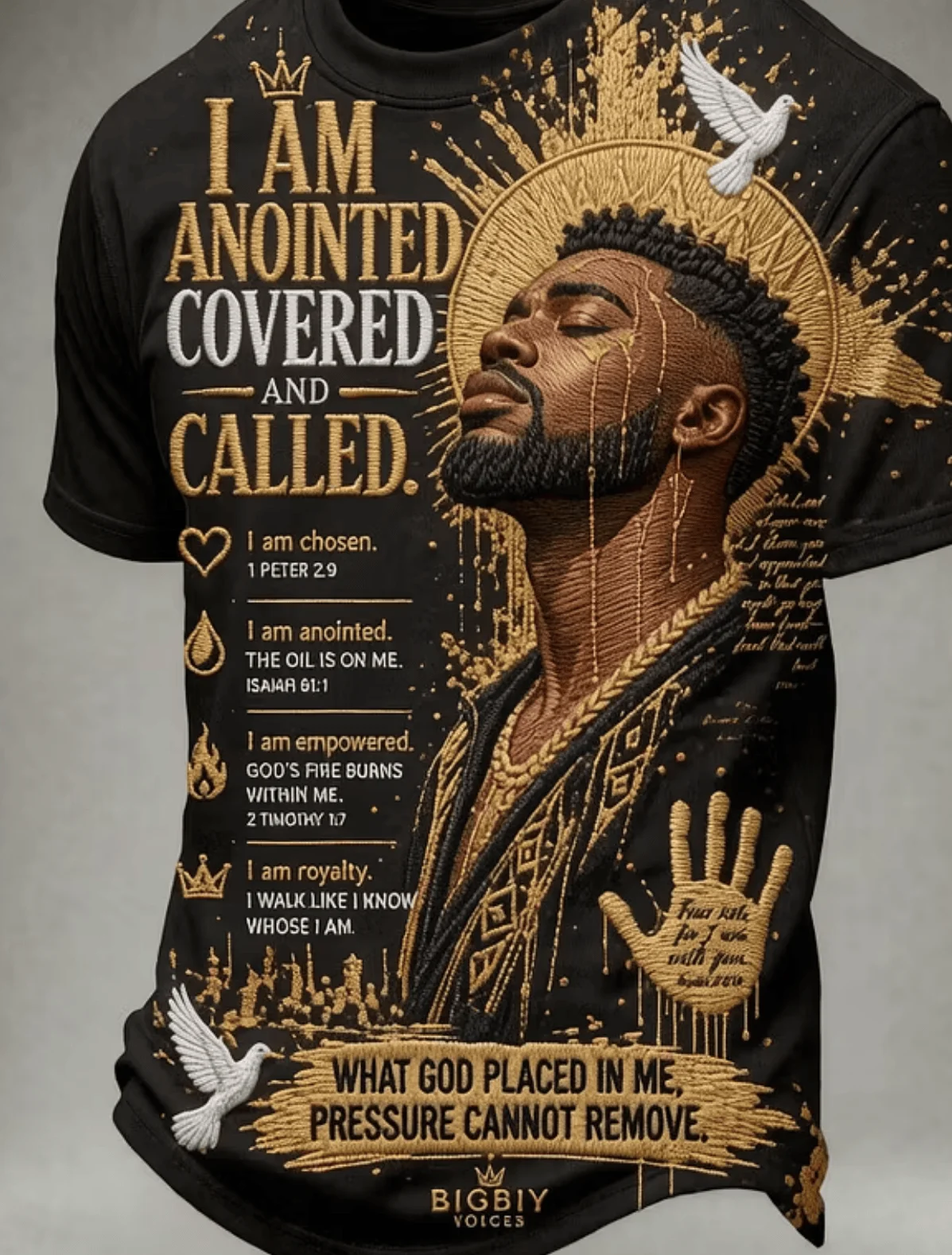 Men's short-sleeved T-shirt featuring a portrait of a dove with religious text print, suitable for faith gatherings and streetwe