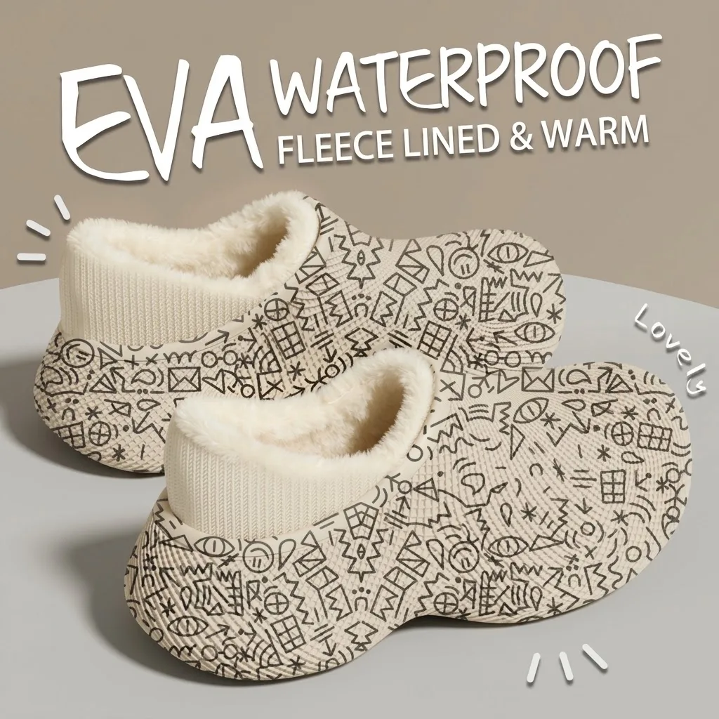 Winterwarme Baumwoll-Hausschuhe für Damen und Herren, wasserdichte EVA-Doodle-Stiefel, mit Fleece gefüttert, dicke Sohle, rutschfest, für drinnen und draußen, Hausschuhe – Detail 21