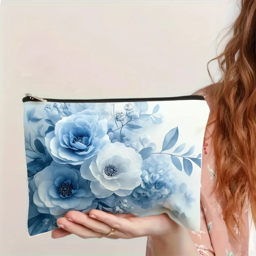 A Blue floral printed makeup bag- multifunctional zipper pouch, jewelry storage bag, perfect travel zipper small storage bag.