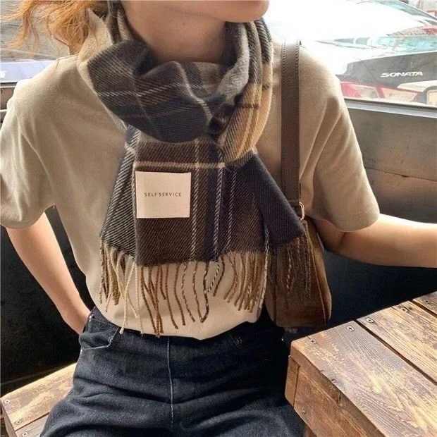 

Long Mixed Fiber Tassel Scarf awl Versatile Autumn Winter Plaid Self Service Faionable Women's Accory