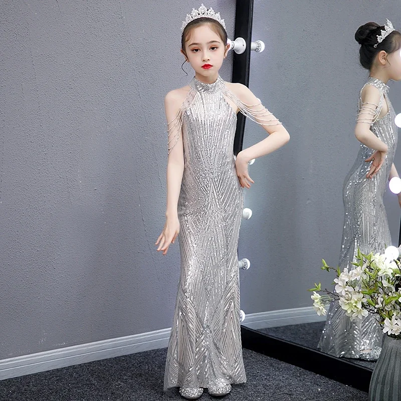 Luxury Silver Beads Mermaid Princess Flower Girl Dress Baby Kids Wedding Party Costumes First Comunion Vestido De Comunion