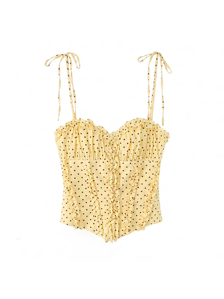 Summer Women's Lace Up Dot Print Corset Folded Fashion Ruffled Sleeveless Slim Fit Suspender Vest Female 2026 Casual Chic