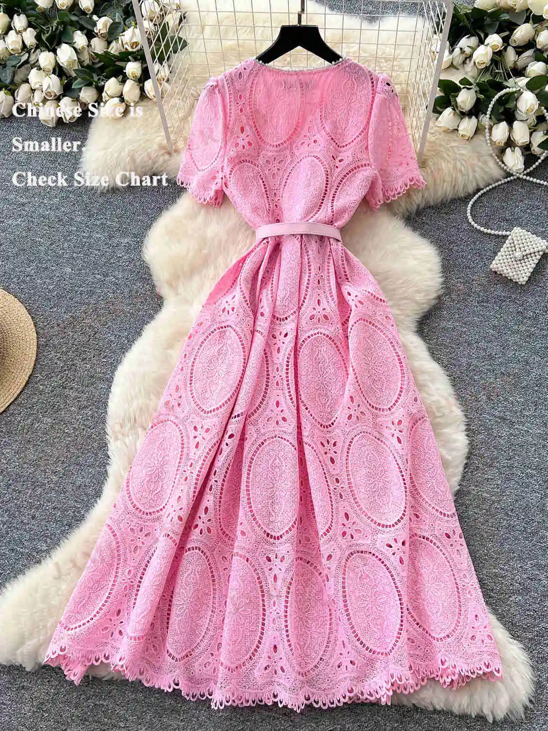 ฤดูร้อนเย็บปักถักร้อยลูกไม้ชุดยาวผู้หญิงแขนสั้นถักโครเชต์สายเพิร์ลคอชุดราตรี Midi ชุดพรรค Vestidos