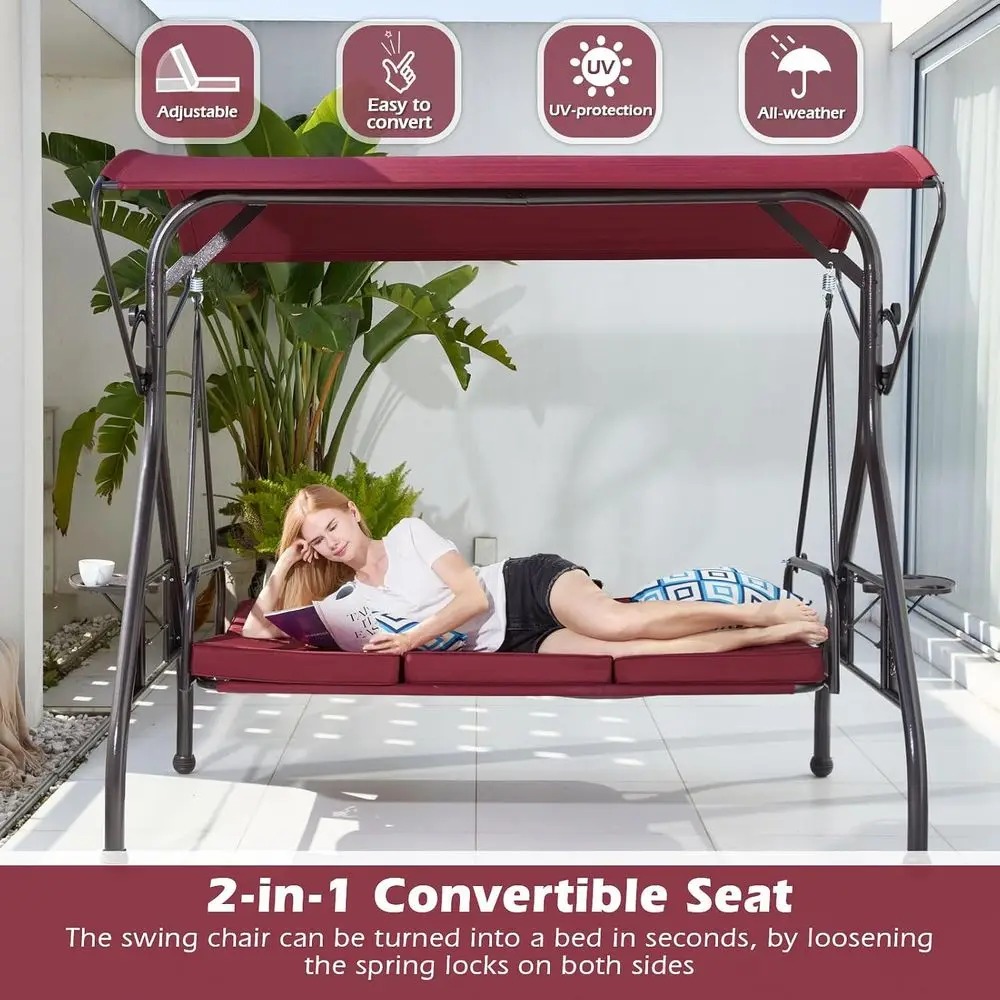 800LBS Patio Swing with 3 Seat Outdoor Porch Swing with Stand w/Cup Holder & Pillow Glider Chair Swing Bed or Patio Backyard Poo