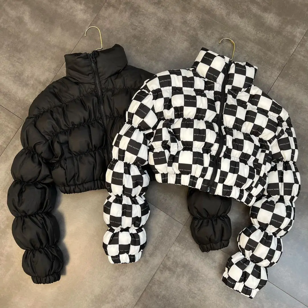 Girls Winter Cotton Jacket Korean Stand up Collar Long Sleeve Bubble Elastic Short Fashion Threaded Clothing for Girls