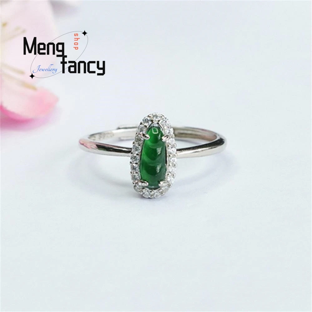 S925 Silver Lnlaid Natural Jade Four Season Bean Ring Ice Type Imperial Green Exquisite Elegant High-grade Couple Fine Jewelry