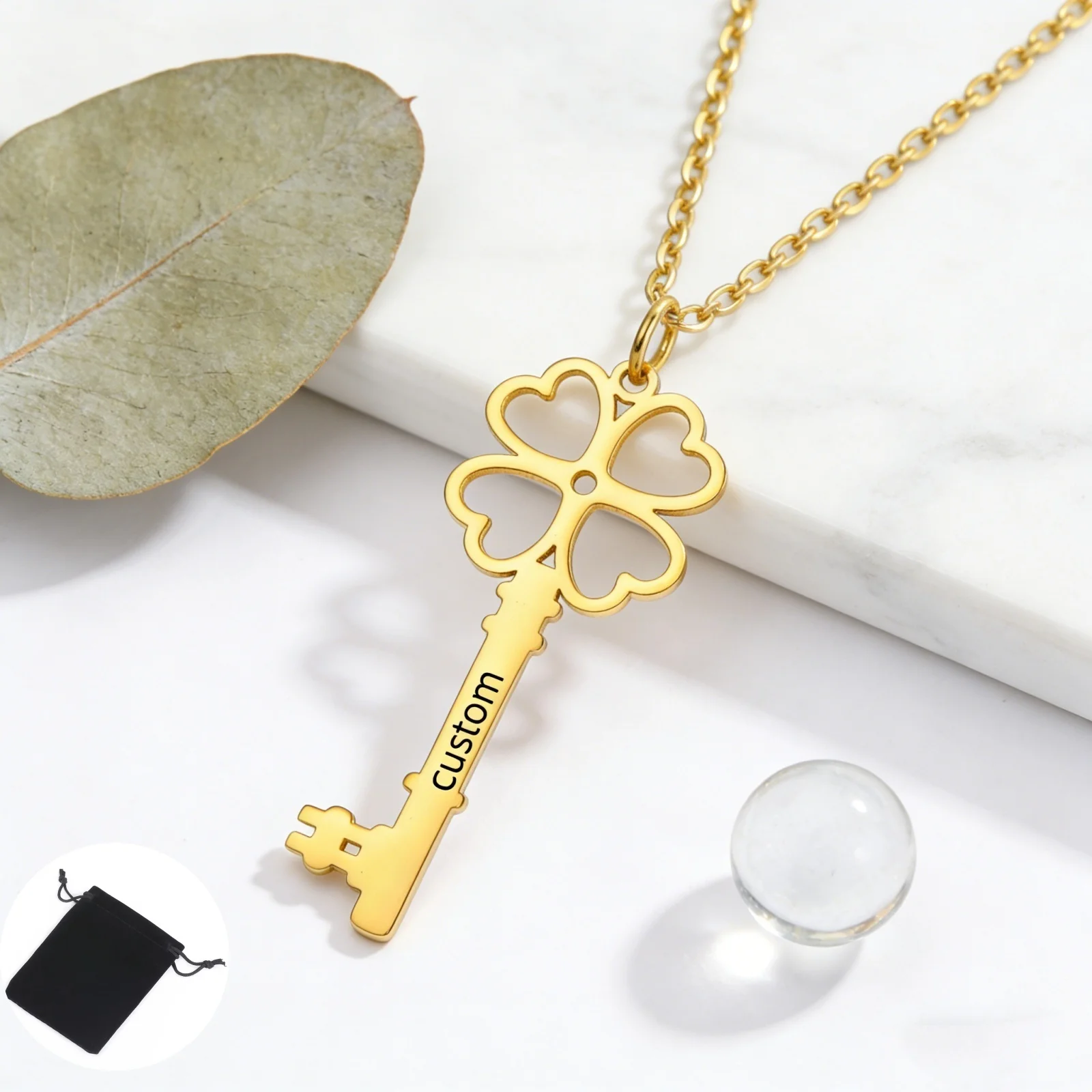 Customized Name Date Clover Key Shape Necklace Stainless Steel Personalized Lucky Heart Clover Love Neck Chain Romantic Gift
