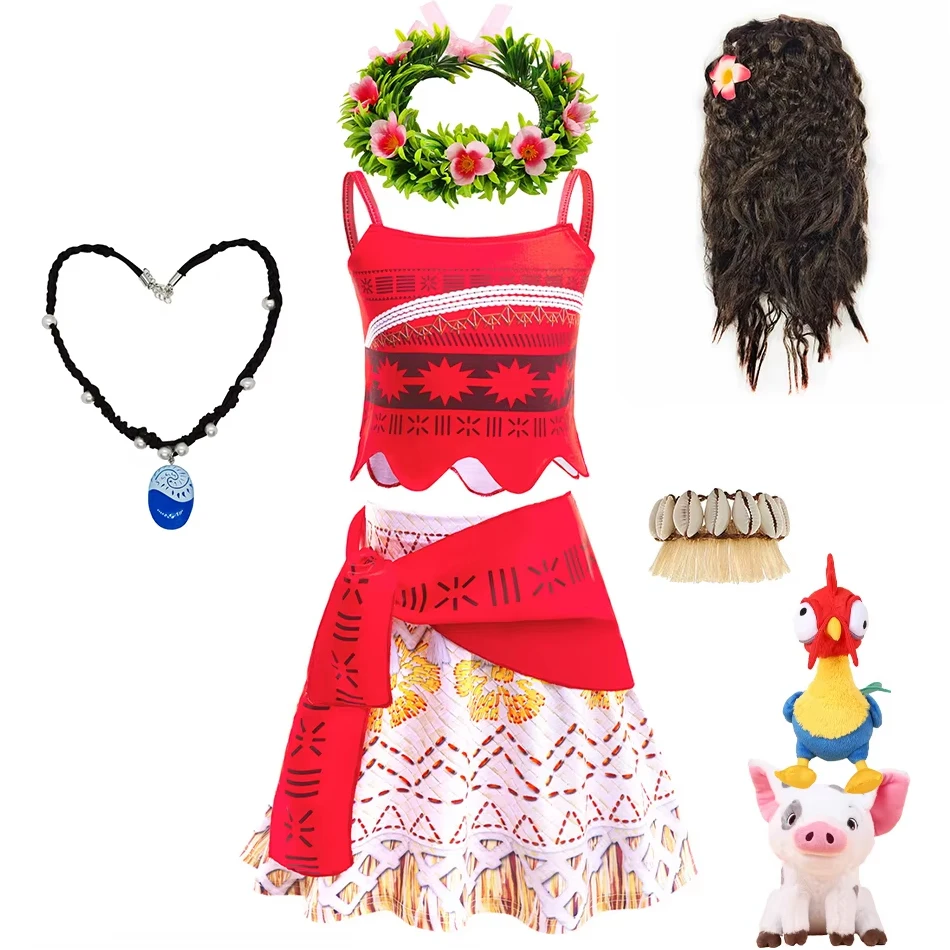 Girls Moana Costume Ocean Adventure Cartoon Cosplay 2Pcs Sets Kids Beach Birthday Party Outfits Kids Halloween Carnival Clothing