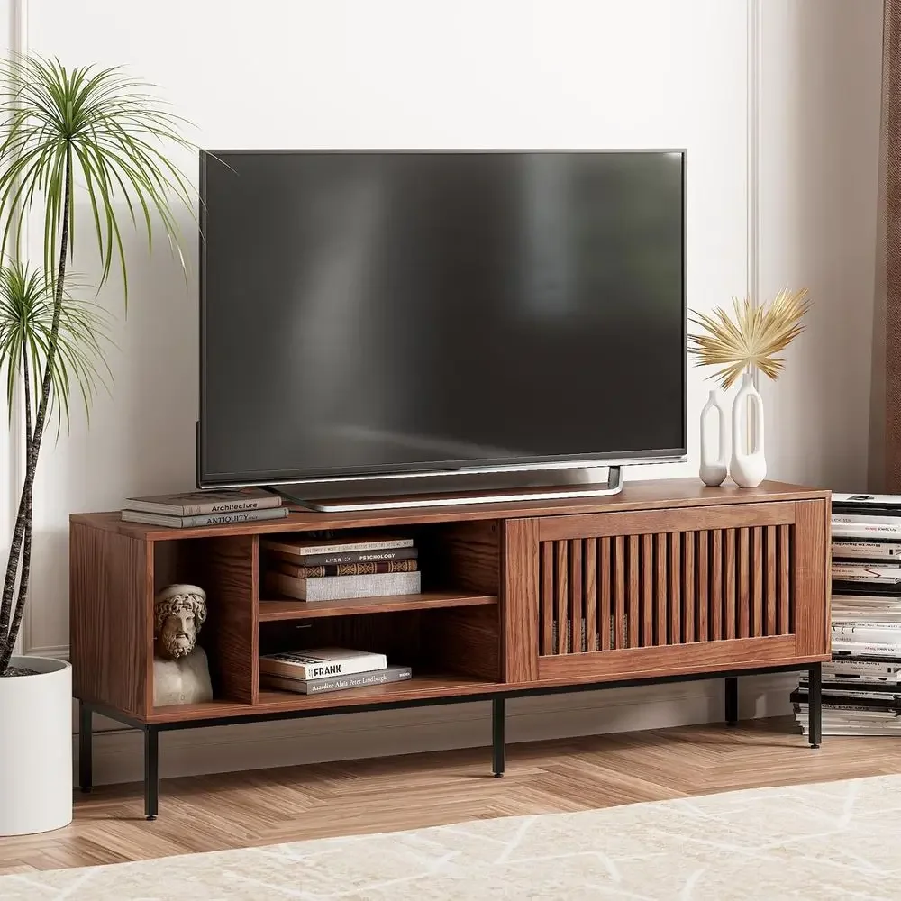 Rustic Brown 65-70 Inch TV Stand with Sliding Barn Door, Metal Frame, and Adjustable Shelves Entertainment Center