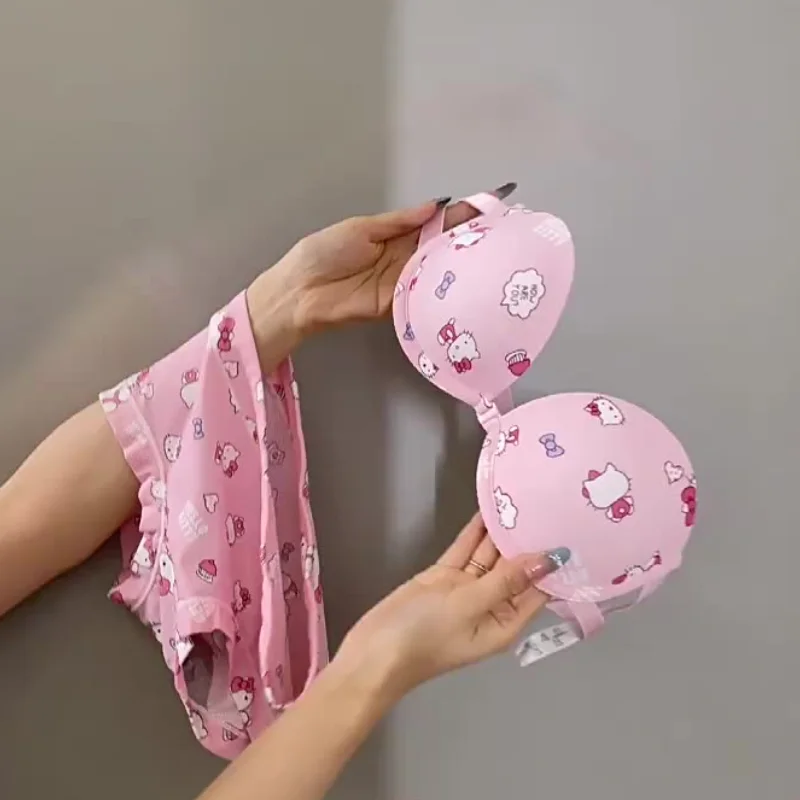 Hot 2Pcs Women Underwear Set Hello Kitty Anime Kawaii Cotton Small Breasts Bra Underpants Student Girl Sweet Comfort Soft Clothe