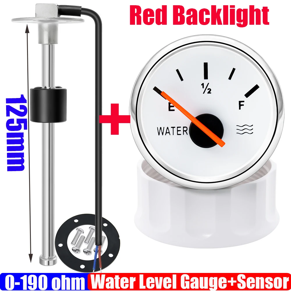 0-190Ohm Watervlotter Sensor + Waterniveaumeter Rode Kleur LED 52mm Watertank Meter Indicator Voor Marine Auto RV Camper Jacht 9-32V