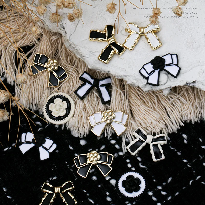 10PCS Korean Alloy Bow Nail Art Charms Classic Simple Black White Bowknot Design For Nails Decoration Maincure Accessories Parts - Image 6
