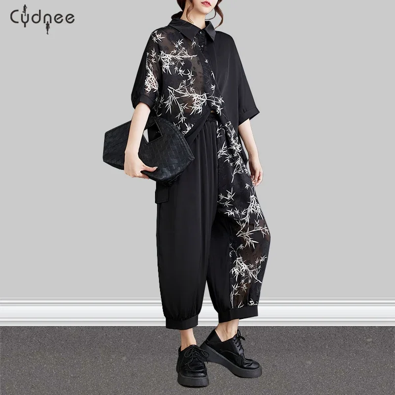 Two Piece Sets Womens Outifits  Appliques Turndown Collar Short Sleeve Shirt Casual Elastic Waist Pants Summer Two Piece Set